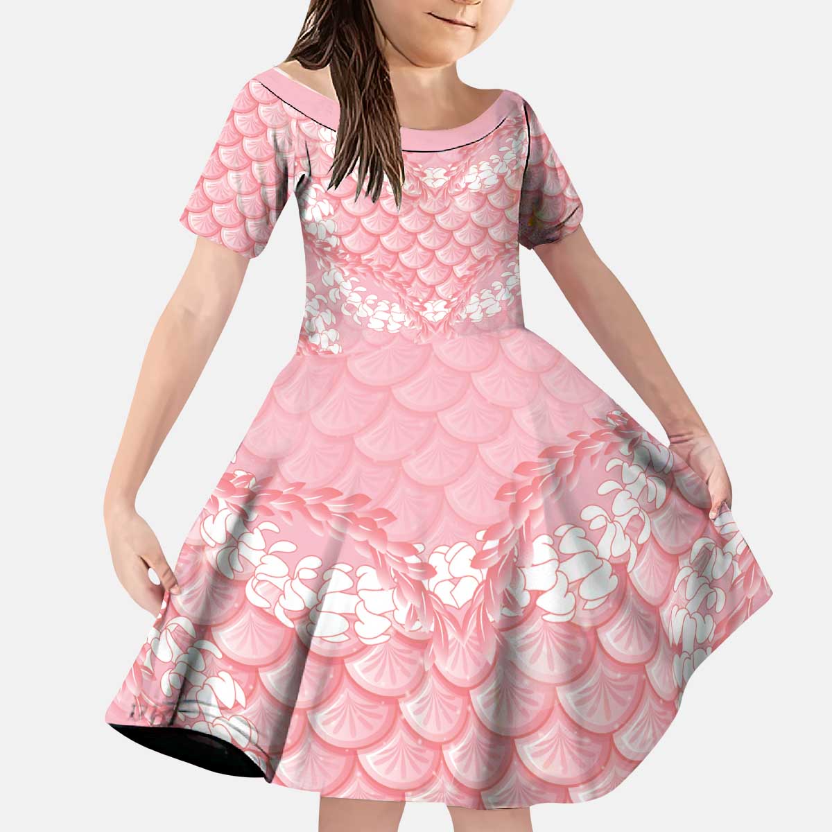 Soft Pink Mermaid Puakenikeni Maile Lei Kid Short Sleeve Dress