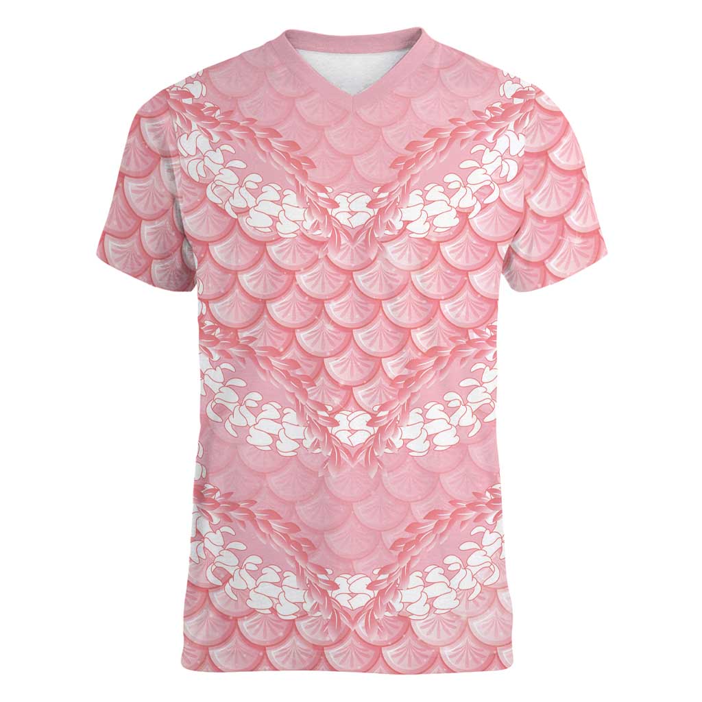 Soft Pink Mermaid Puakenikeni Maile Lei Women V-Neck T-Shirt