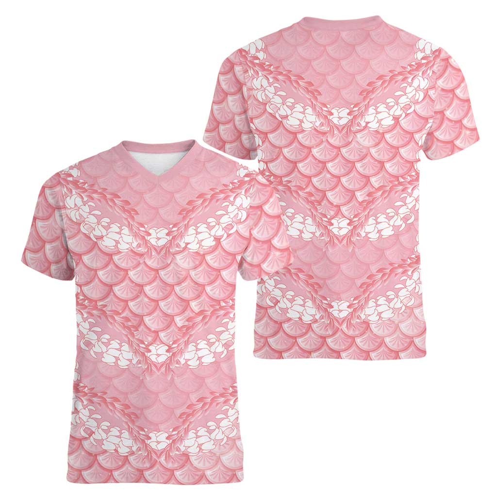 Soft Pink Mermaid Puakenikeni Maile Lei Women V-Neck T-Shirt