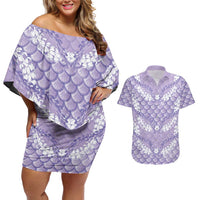 Lilac Mermaid Puakenikeni Maile Lei Couples Matching Off Shoulder Short Dress and Hawaiian Shirt