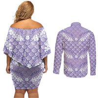 Lilac Mermaid Puakenikeni Maile Lei Couples Matching Off Shoulder Short Dress and Long Sleeve Button Shirt