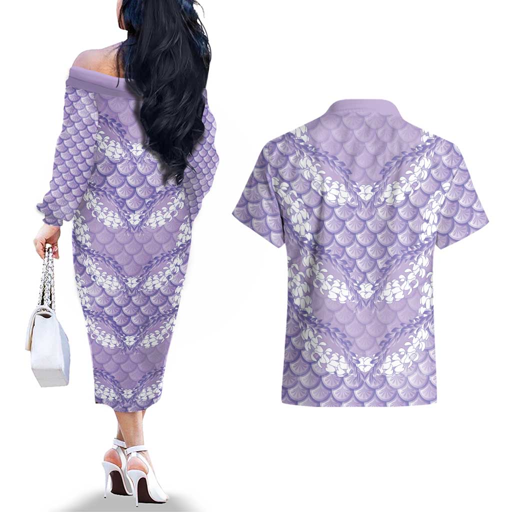 Lilac Mermaid Puakenikeni Maile Lei Couples Matching Off The Shoulder Long Sleeve Dress and Hawaiian Shirt LT01 - Polynesian Pride