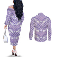 Lilac Mermaid Puakenikeni Maile Lei Couples Matching Off The Shoulder Long Sleeve Dress and Long Sleeve Button Shirt