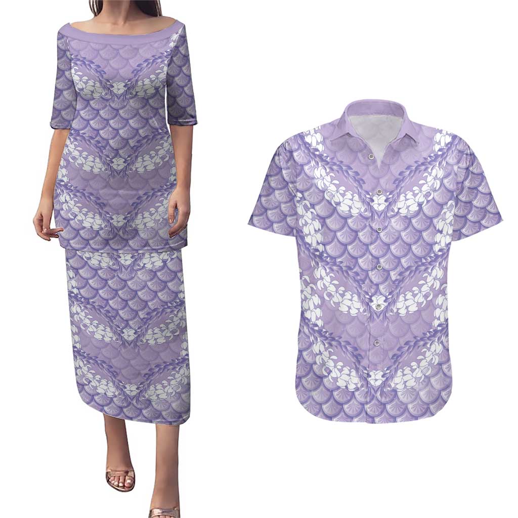 Lilac Mermaid Puakenikeni Maile Lei Couples Matching Puletasi and Hawaiian Shirt