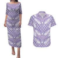 Lilac Mermaid Puakenikeni Maile Lei Couples Matching Puletasi and Hawaiian Shirt