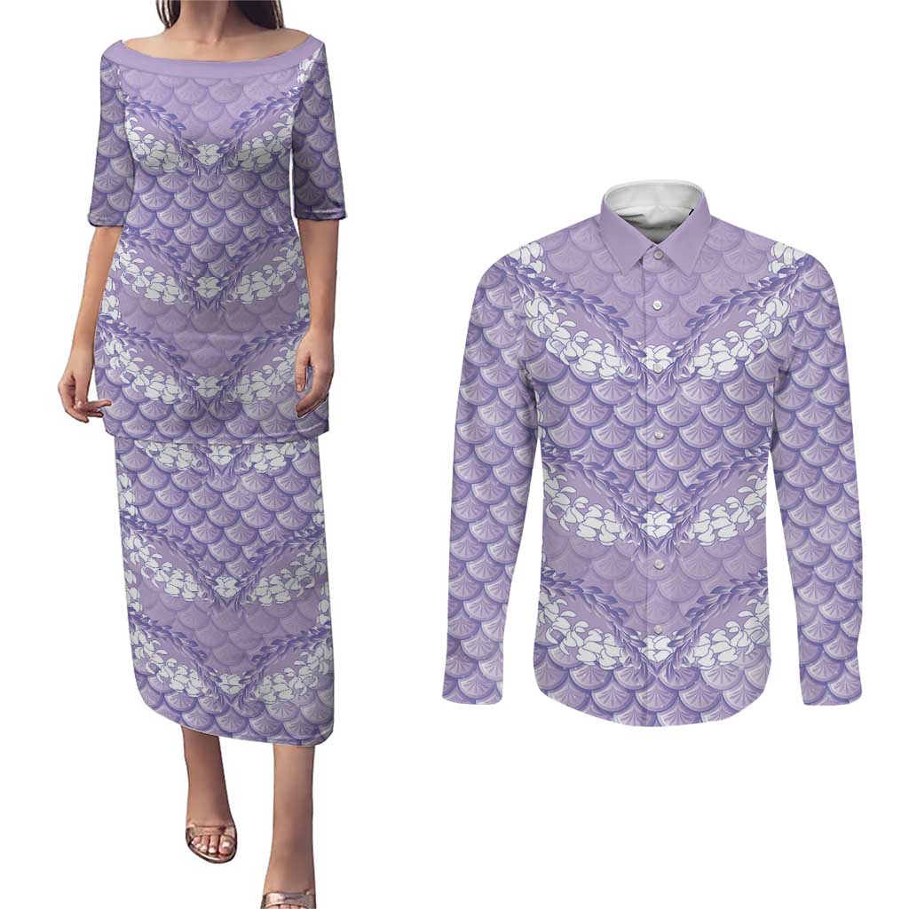 Lilac Mermaid Puakenikeni Maile Lei Couples Matching Puletasi and Long Sleeve Button Shirt