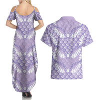 Lilac Mermaid Puakenikeni Maile Lei Couples Matching Summer Maxi Dress and Hawaiian Shirt