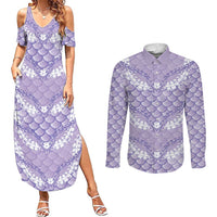 Lilac Mermaid Puakenikeni Maile Lei Couples Matching Summer Maxi Dress and Long Sleeve Button Shirt