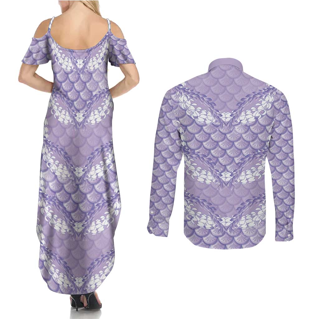 Lilac Mermaid Puakenikeni Maile Lei Couples Matching Summer Maxi Dress and Long Sleeve Button Shirt