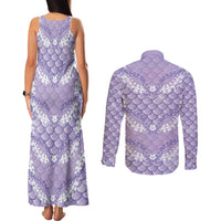 Lilac Mermaid Puakenikeni Maile Lei Couples Matching Tank Maxi Dress and Long Sleeve Button Shirt