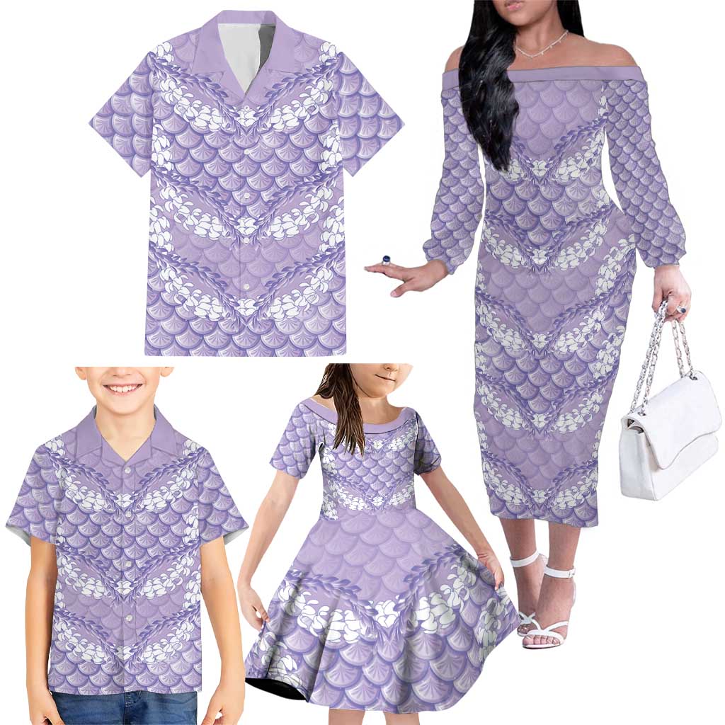 Lilac Mermaid Puakenikeni Maile Lei Family Matching Off The Shoulder Long Sleeve Dress and Hawaiian Shirt LT01 - Polynesian Pride