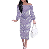 Lilac Mermaid Puakenikeni Maile Lei Family Matching Off The Shoulder Long Sleeve Dress and Hawaiian Shirt LT01 Mom's Dress Purple - Polynesian Pride
