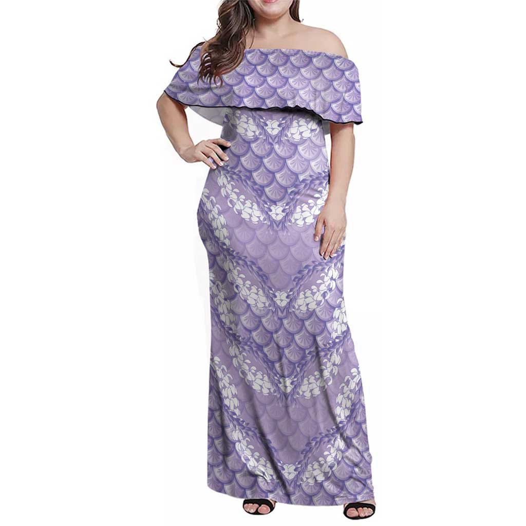 Lilac Mermaid Puakenikeni Maile Lei Family Matching Off Shoulder Maxi Dress and Hawaiian Shirt LT01 Mom's Dress Purple - Polynesian Pride
