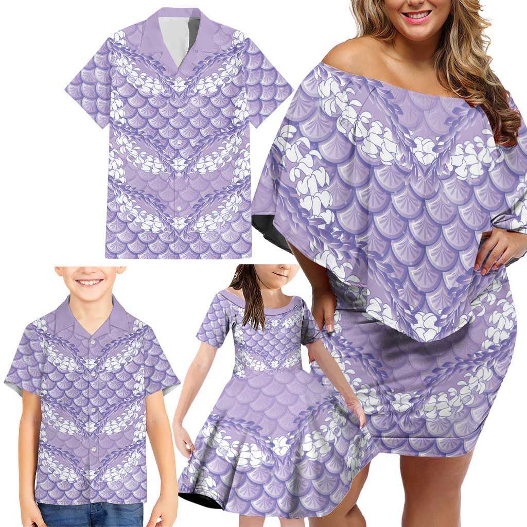 Lilac Mermaid Puakenikeni Maile Lei Family Matching Off Shoulder Short Dress and Hawaiian Shirt LT01 - Polynesian Pride
