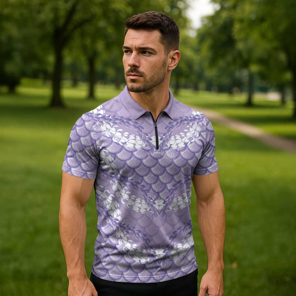 Lilac Mermaid Puakenikeni Maile Lei Zipper Polo Shirt