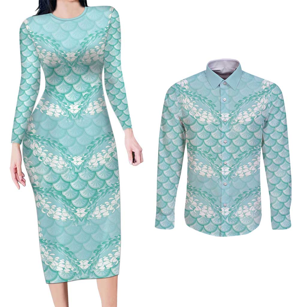 Light Turquoise Mermaid Puakenikeni Maile Lei Couples Matching Long Sleeve Bodycon Dress and Long Sleeve Button Shirt LT01 Turquoise - Polynesian Pride