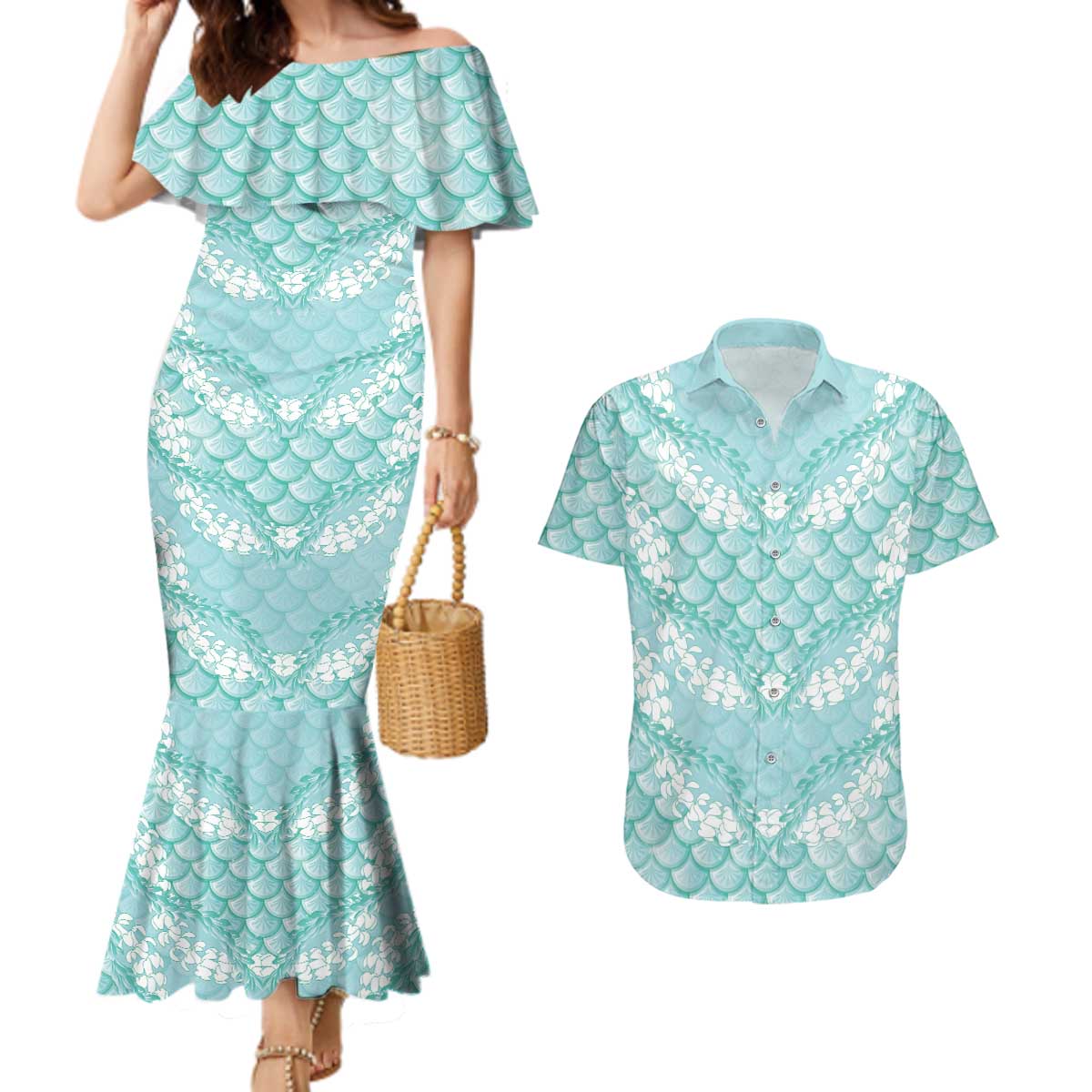 Light Turquoise Mermaid Puakenikeni Maile Lei Couples Matching Mermaid Dress and Hawaiian Shirt