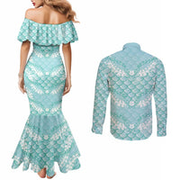 Light Turquoise Mermaid Puakenikeni Maile Lei Couples Matching Mermaid Dress and Long Sleeve Button Shirt