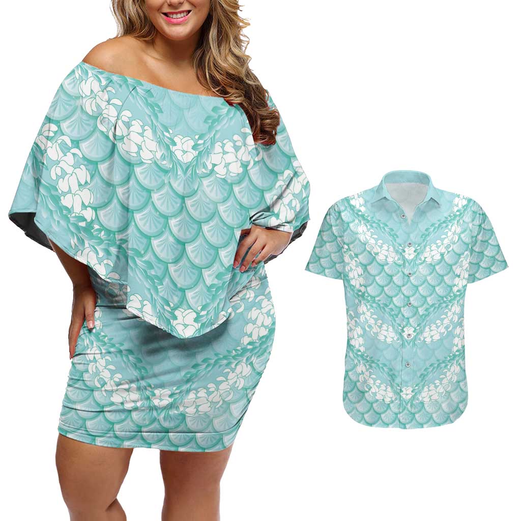 Light Turquoise Mermaid Puakenikeni Maile Lei Couples Matching Off Shoulder Short Dress and Hawaiian Shirt