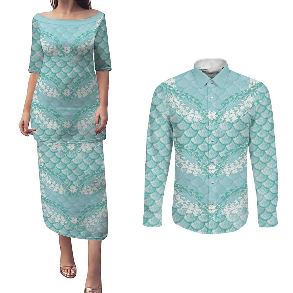 Light Turquoise Mermaid Puakenikeni Maile Lei Couples Matching Puletasi and Long Sleeve Button Shirt