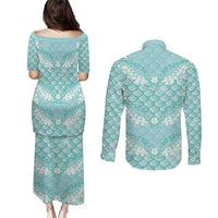 Light Turquoise Mermaid Puakenikeni Maile Lei Couples Matching Puletasi and Long Sleeve Button Shirt