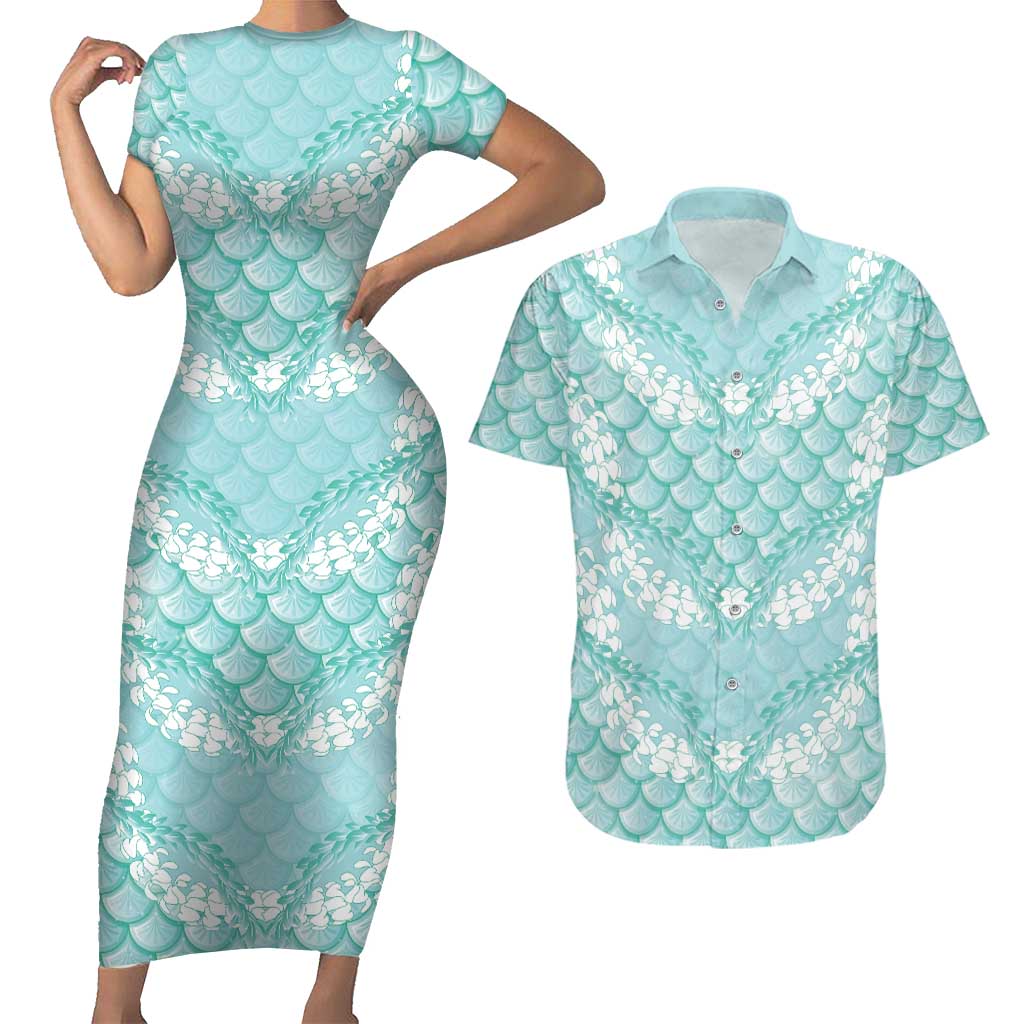 Light Turquoise Mermaid Puakenikeni Maile Lei Couples Matching Short Sleeve Bodycon Dress and Hawaiian Shirt