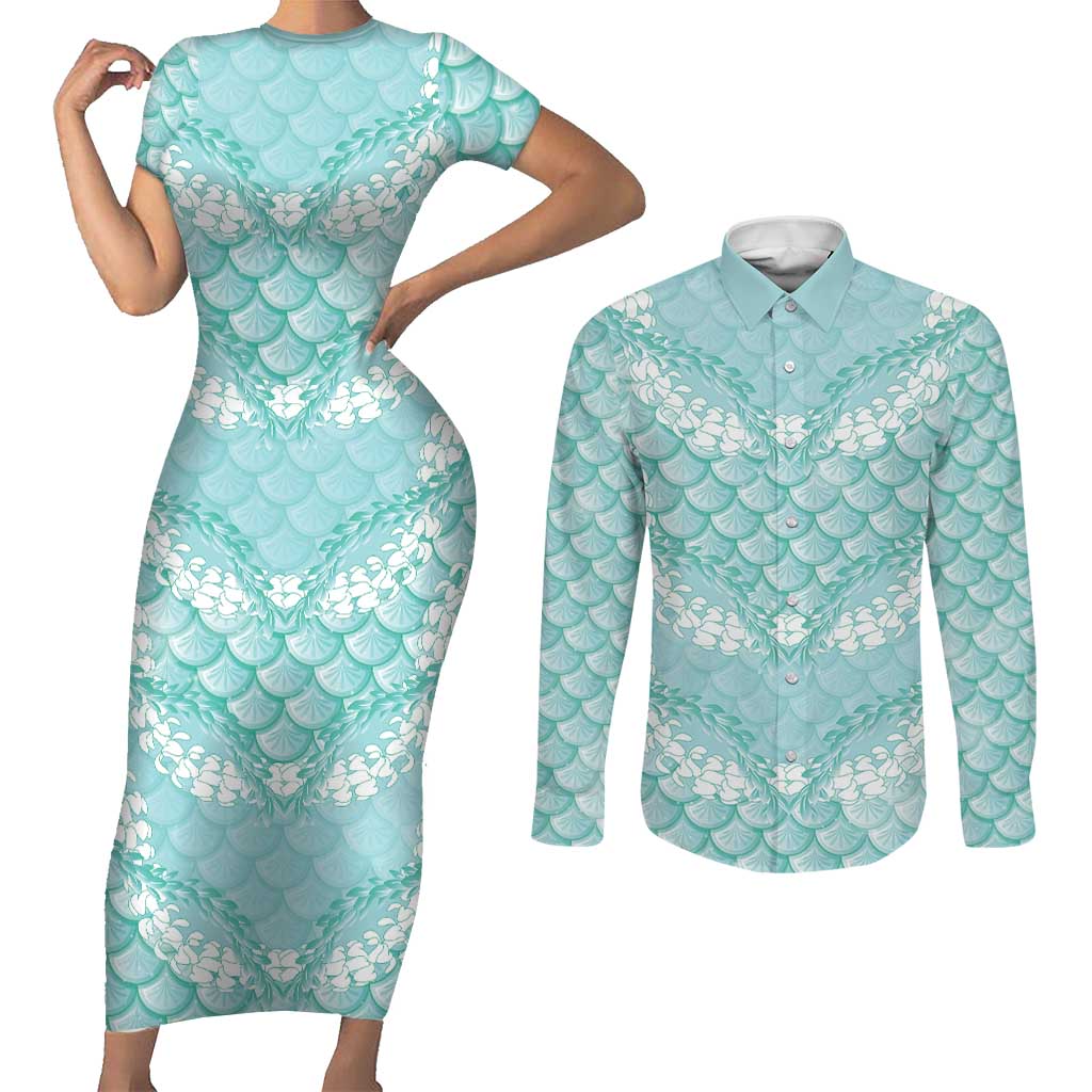 Light Turquoise Mermaid Puakenikeni Maile Lei Couples Matching Short Sleeve Bodycon Dress and Long Sleeve Button Shirt