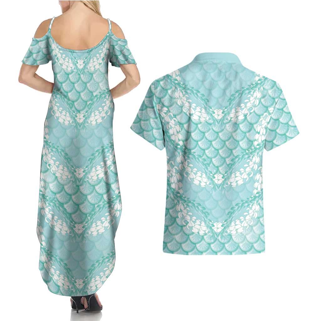 Light Turquoise Mermaid Puakenikeni Maile Lei Couples Matching Summer Maxi Dress and Hawaiian Shirt