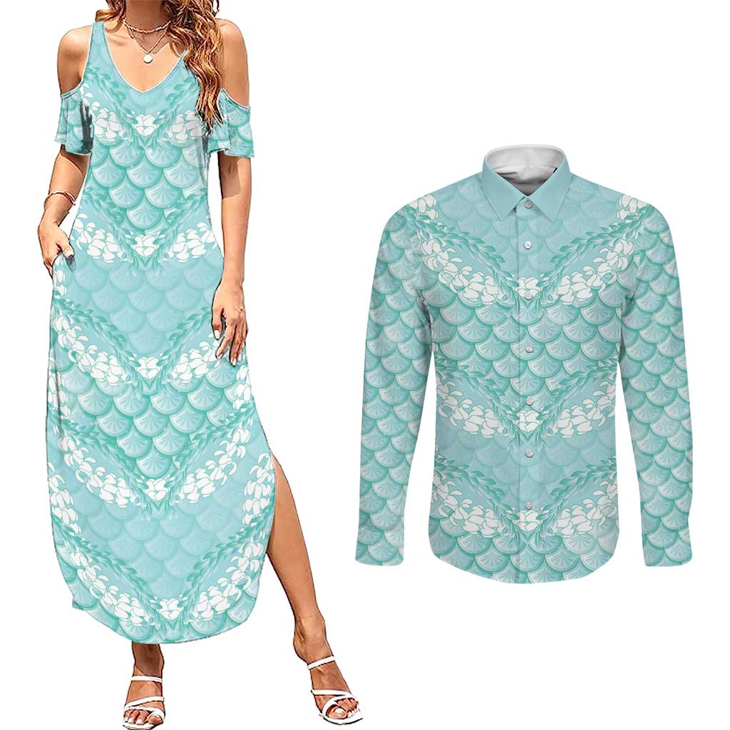Light Turquoise Mermaid Puakenikeni Maile Lei Couples Matching Summer Maxi Dress and Long Sleeve Button Shirt