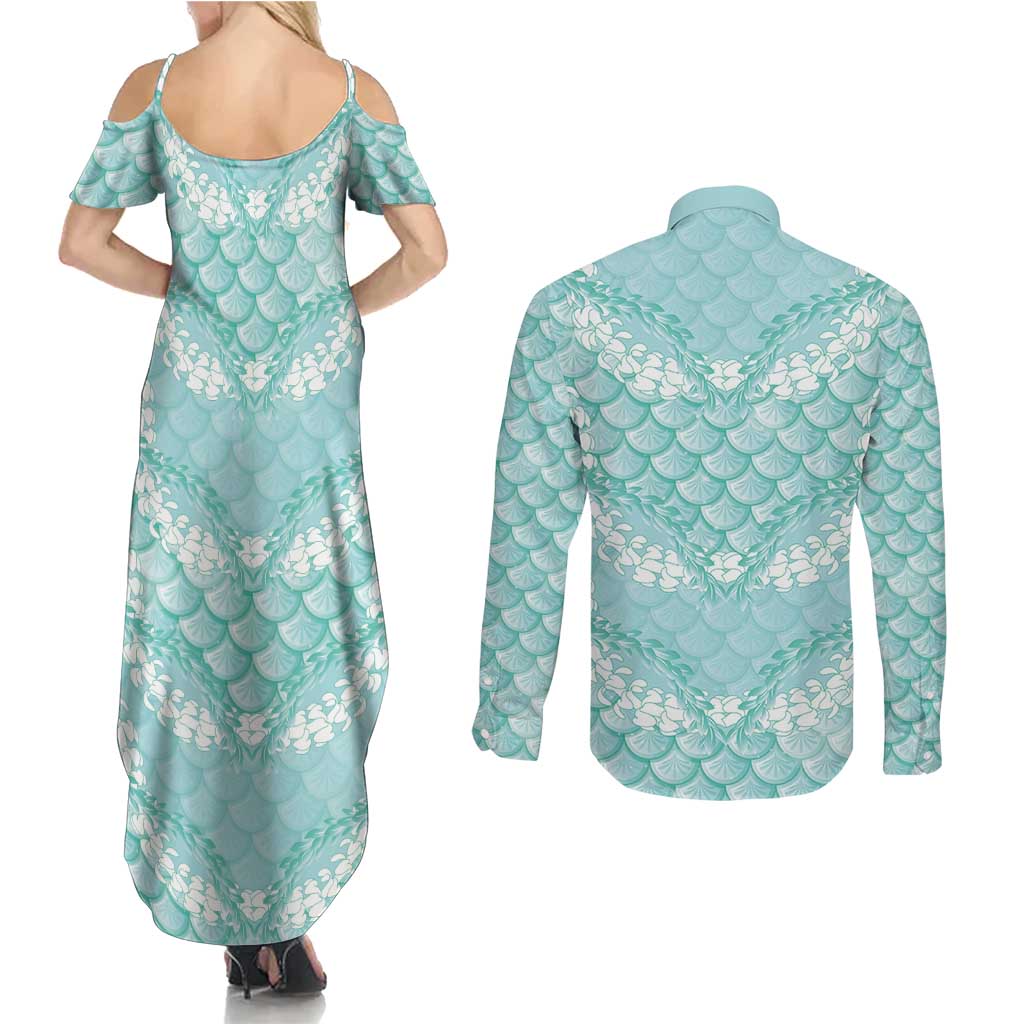 Light Turquoise Mermaid Puakenikeni Maile Lei Couples Matching Summer Maxi Dress and Long Sleeve Button Shirt