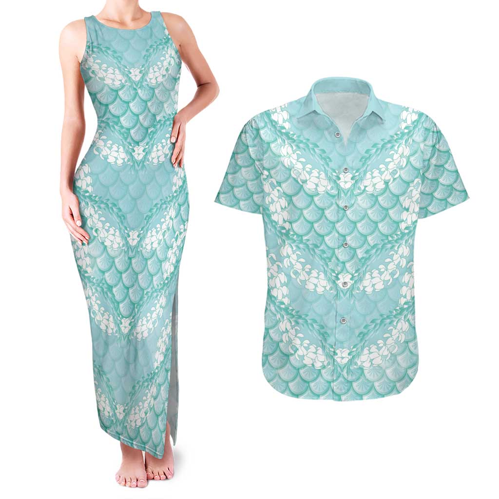 Light Turquoise Mermaid Puakenikeni Maile Lei Couples Matching Tank Maxi Dress and Hawaiian Shirt
