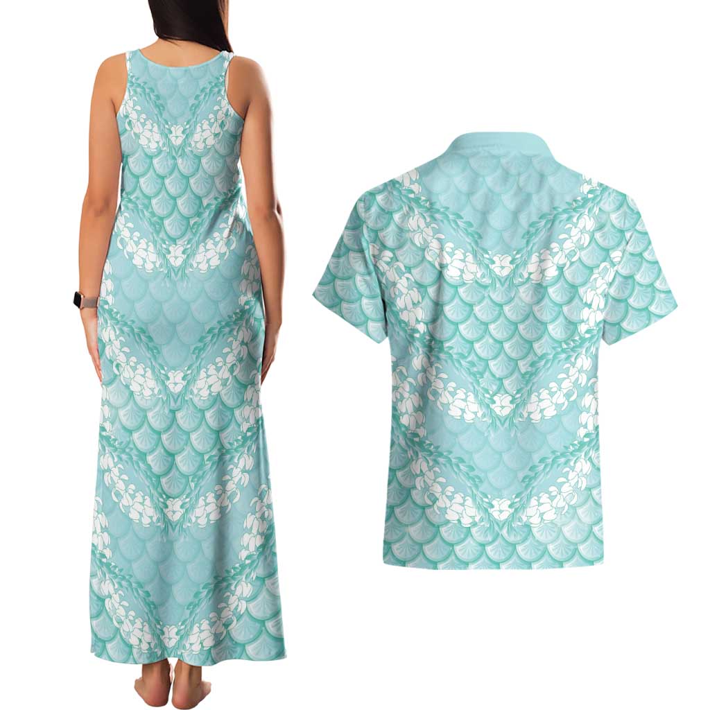 Light Turquoise Mermaid Puakenikeni Maile Lei Couples Matching Tank Maxi Dress and Hawaiian Shirt