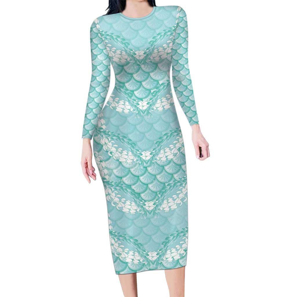 Light Turquoise Mermaid Puakenikeni Maile Lei Family Matching Long Sleeve Bodycon Dress and Hawaiian Shirt LT01 Mom's Dress Turquoise - Polynesian Pride