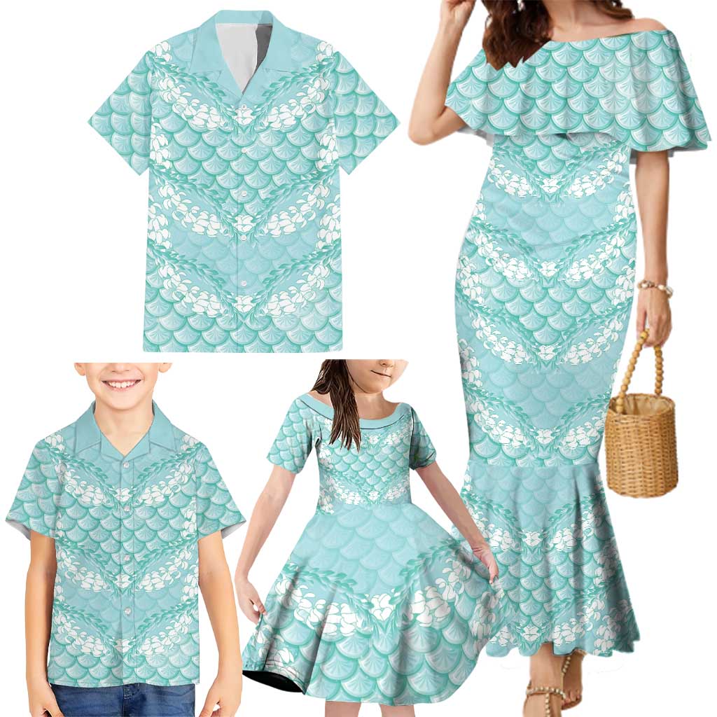 Light Turquoise Mermaid Puakenikeni Maile Lei Family Matching Mermaid Dress and Hawaiian Shirt LT01 - Polynesian Pride