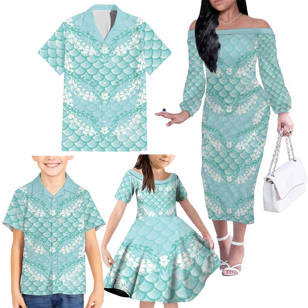 Light Turquoise Mermaid Puakenikeni Maile Lei Family Matching Off The Shoulder Long Sleeve Dress and Hawaiian Shirt
