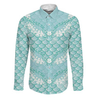 Light Turquoise Mermaid Puakenikeni Maile Lei Family Matching Off The Shoulder Long Sleeve Dress and Hawaiian Shirt LT01 Dad's Shirt - Long Sleeve Turquoise - Polynesian Pride