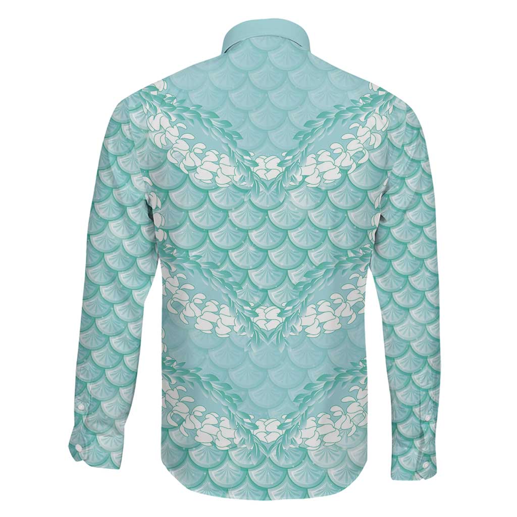 Light Turquoise Mermaid Puakenikeni Maile Lei Family Matching Off The Shoulder Long Sleeve Dress and Hawaiian Shirt LT01 - Polynesian Pride