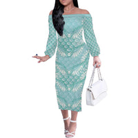 Light Turquoise Mermaid Puakenikeni Maile Lei Family Matching Off The Shoulder Long Sleeve Dress and Hawaiian Shirt LT01 Mom's Dress Turquoise - Polynesian Pride