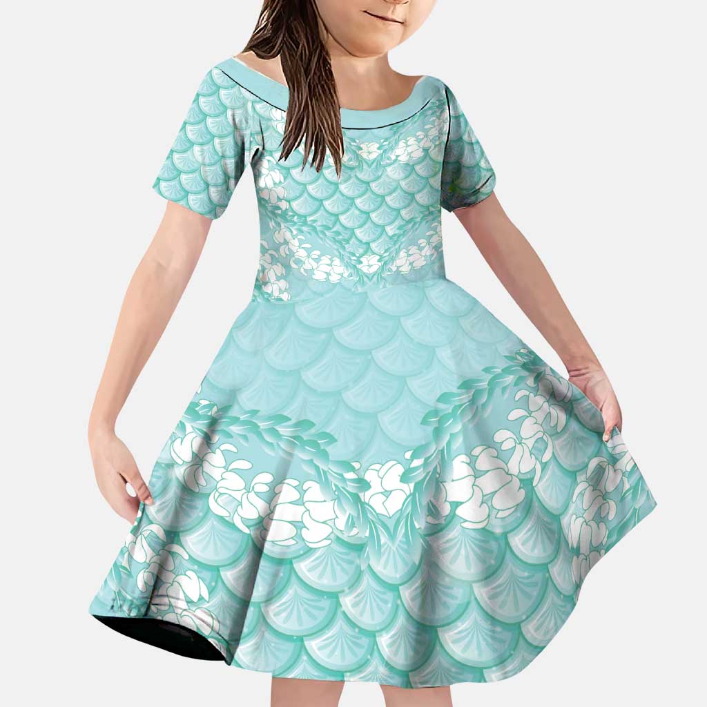 Light Turquoise Mermaid Puakenikeni Maile Lei Family Matching Off Shoulder Maxi Dress and Hawaiian Shirt LT01 Daughter's Dress Turquoise - Polynesian Pride