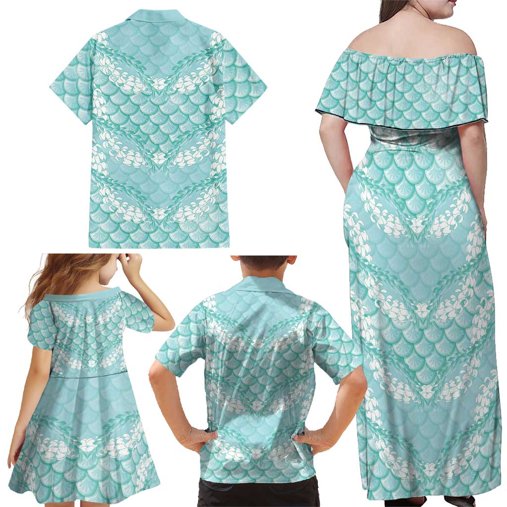 Light Turquoise Mermaid Puakenikeni Maile Lei Family Matching Off Shoulder Maxi Dress and Hawaiian Shirt LT01 - Polynesian Pride