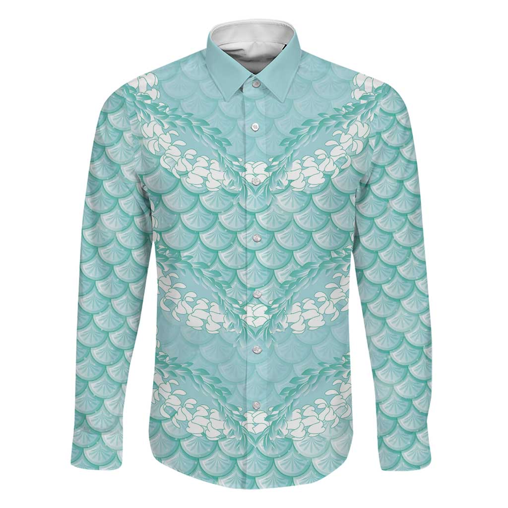 Light Turquoise Mermaid Puakenikeni Maile Lei Family Matching Off Shoulder Maxi Dress and Hawaiian Shirt LT01 Dad's Shirt - Long Sleeve Turquoise - Polynesian Pride