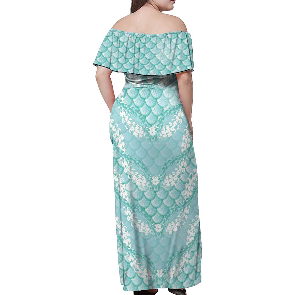 Light Turquoise Mermaid Puakenikeni Maile Lei Family Matching Off Shoulder Maxi Dress and Hawaiian Shirt LT01 - Polynesian Pride