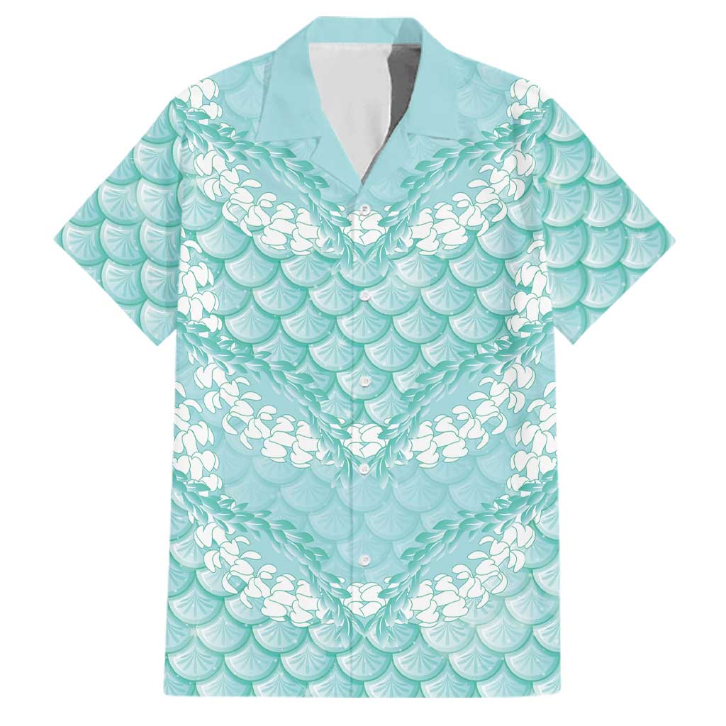Light Turquoise Mermaid Puakenikeni Maile Lei Family Matching Off Shoulder Short Dress and Hawaiian Shirt LT01 Dad's Shirt - Short Sleeve Turquoise - Polynesian Pride