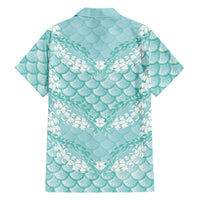 Light Turquoise Mermaid Puakenikeni Maile Lei Family Matching Off Shoulder Short Dress and Hawaiian Shirt LT01 - Polynesian Pride