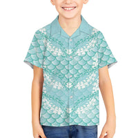 Light Turquoise Mermaid Puakenikeni Maile Lei Family Matching Off Shoulder Short Dress and Hawaiian Shirt LT01 Son's Shirt Turquoise - Polynesian Pride