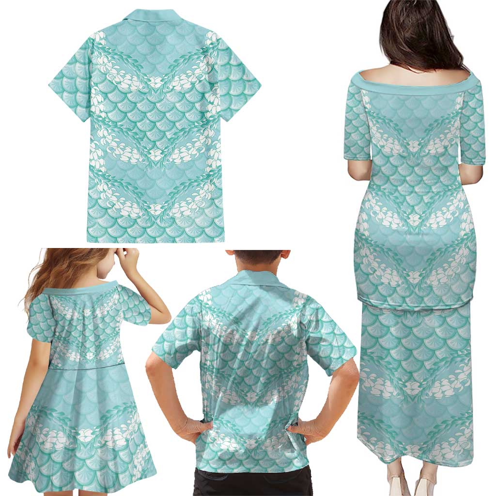 Light Turquoise Mermaid Puakenikeni Maile Lei Family Matching Puletasi and Hawaiian Shirt LT01 - Polynesian Pride