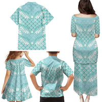 Light Turquoise Mermaid Puakenikeni Maile Lei Family Matching Puletasi and Hawaiian Shirt LT01 - Polynesian Pride