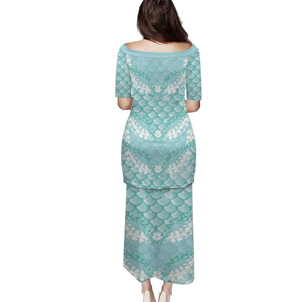 Light Turquoise Mermaid Puakenikeni Maile Lei Family Matching Puletasi and Hawaiian Shirt LT01 - Polynesian Pride