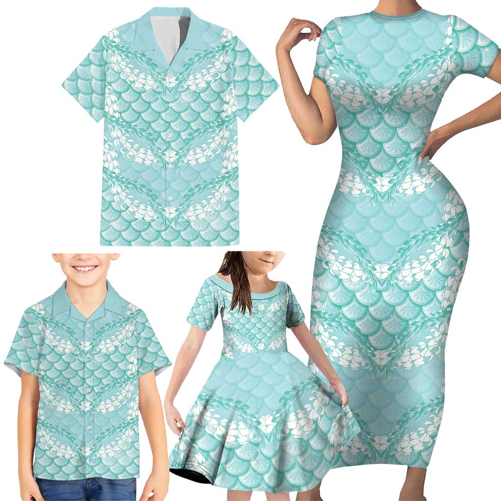 Light Turquoise Mermaid Puakenikeni Maile Lei Family Matching Short Sleeve Bodycon Dress and Hawaiian Shirt LT01 - Polynesian Pride