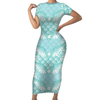 Light Turquoise Mermaid Puakenikeni Maile Lei Family Matching Short Sleeve Bodycon Dress and Hawaiian Shirt LT01 Mom's Dress Turquoise - Polynesian Pride